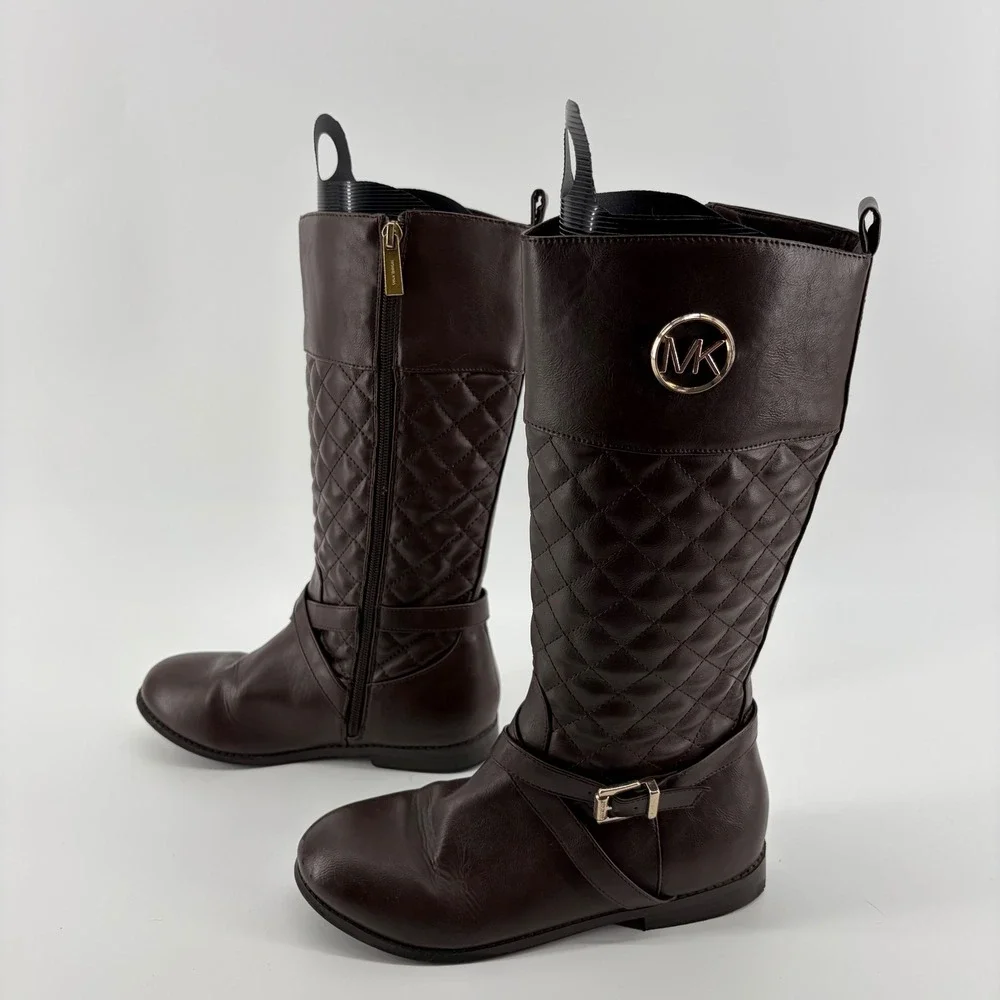 Michael Kors Girls Brown Quilted Riding Boots Gold Buckle‎ MK Logo Size 4